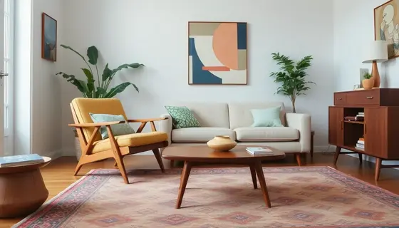 Salon w stylu Mid-Century Modern z charakterystycznymi meblami i pastelowymi kolorami