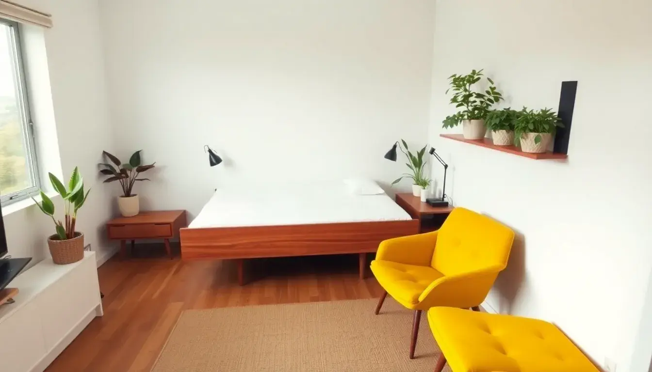 Wnętrze Mid-Century Modern z charakterystycznym fotelem i drewnianymi elementami