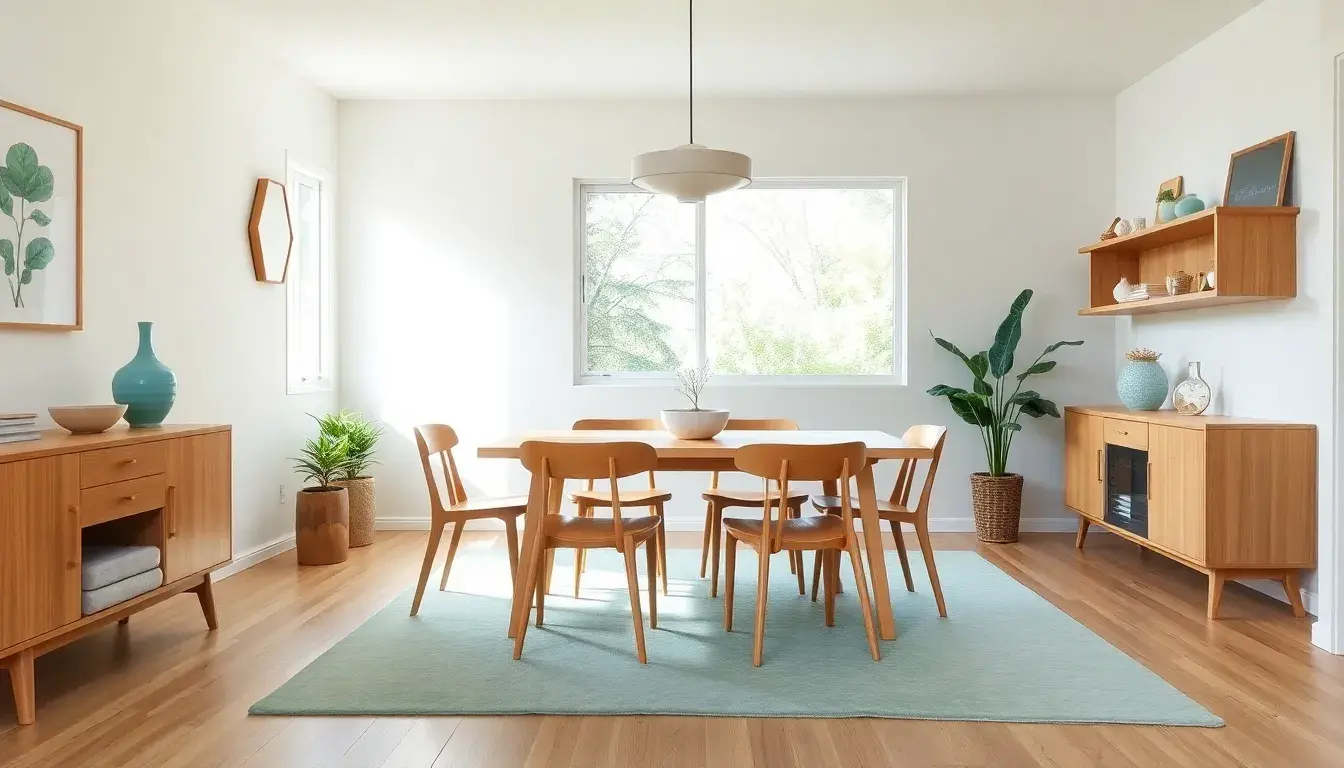 Kolorowe akcenty i drewno w stylu Mid-Century Modern