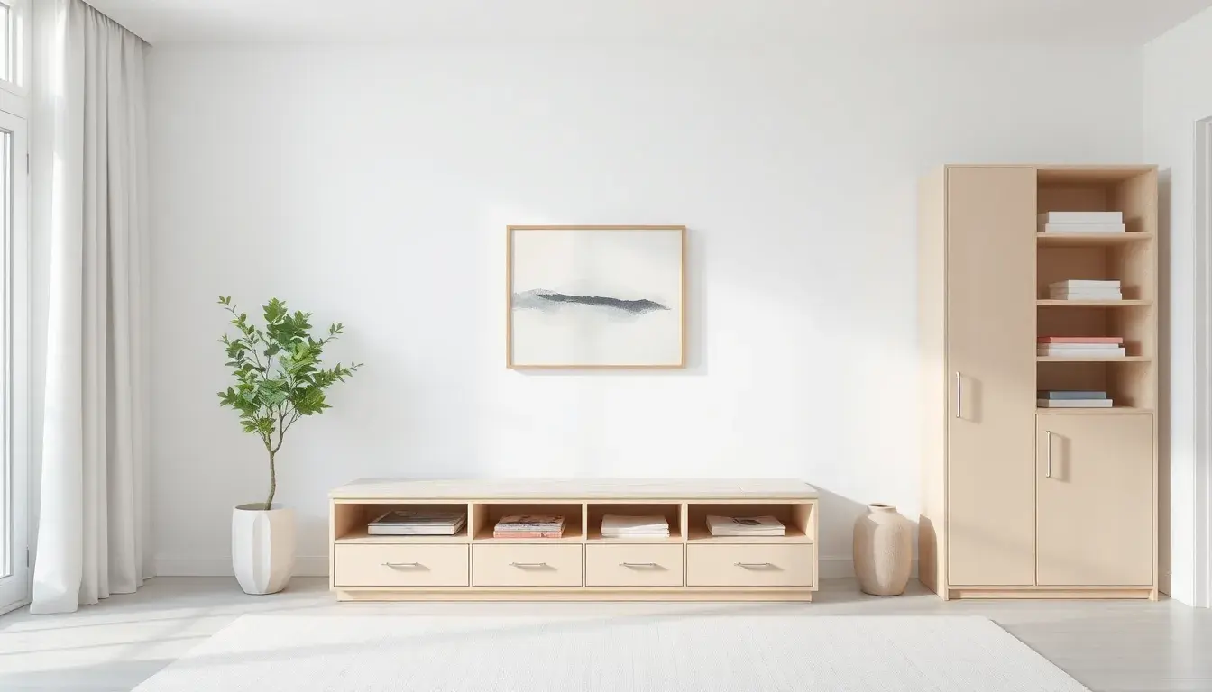 Minimalistyczny salon połączony z jadalnią w subtelnych barwach