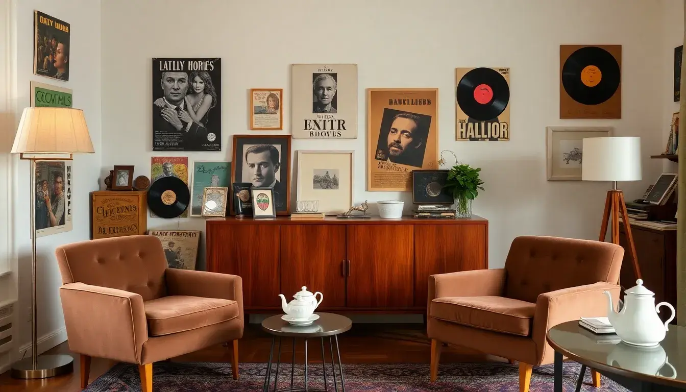 Wnętrze salonu w stylu vintage z klasycznymi meblami i pastelowymi odcieniami